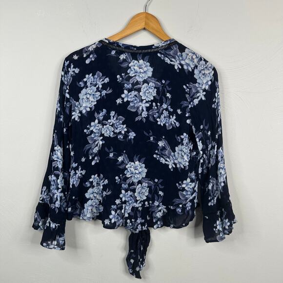 American Eagle Blue Chiffon Floral Ruffle Hem Button Down Blouse - Picture 8 of 8